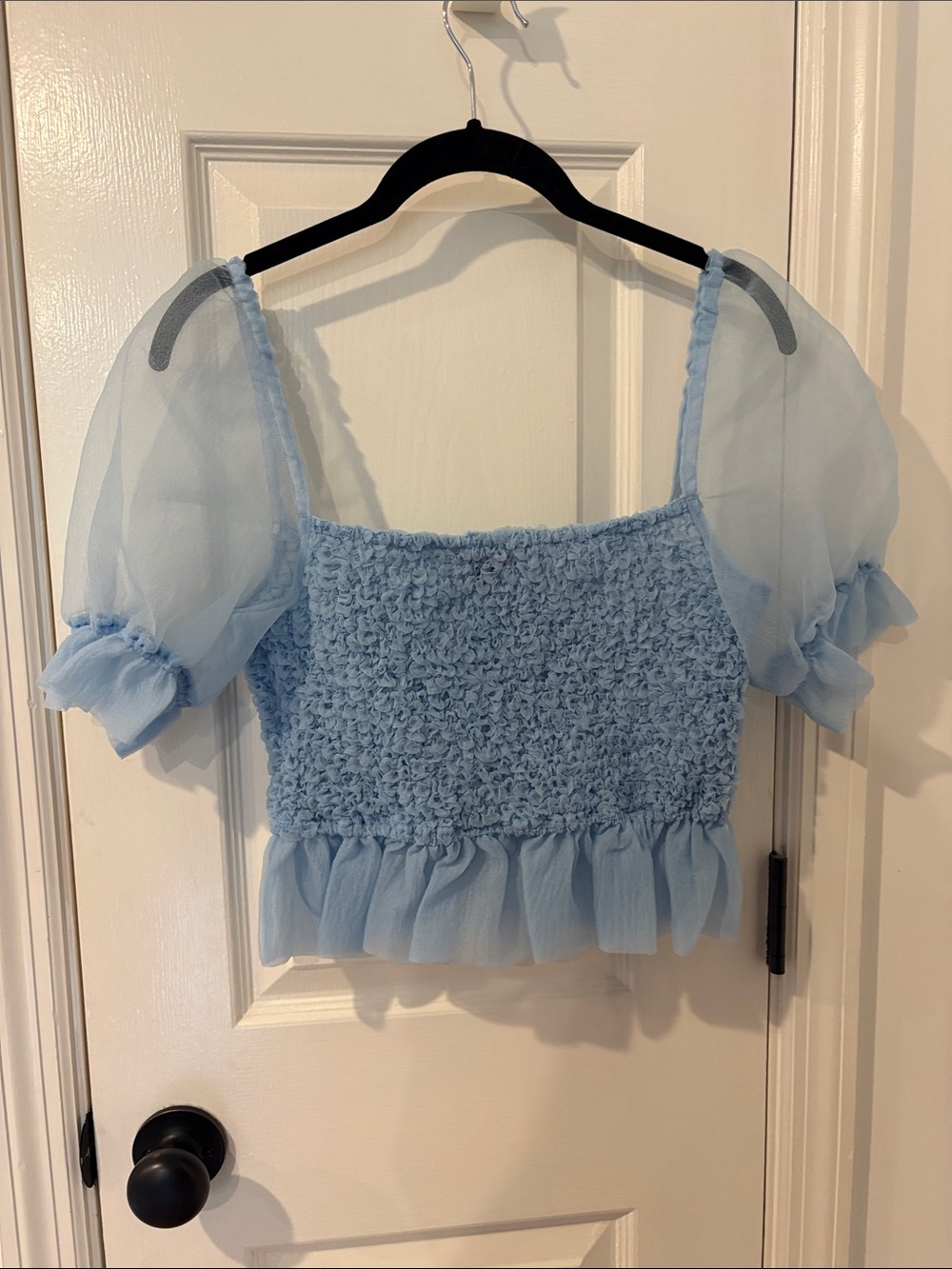 STAUD Light Blue Smocked Crop Top with Sheer Puff Sleeves